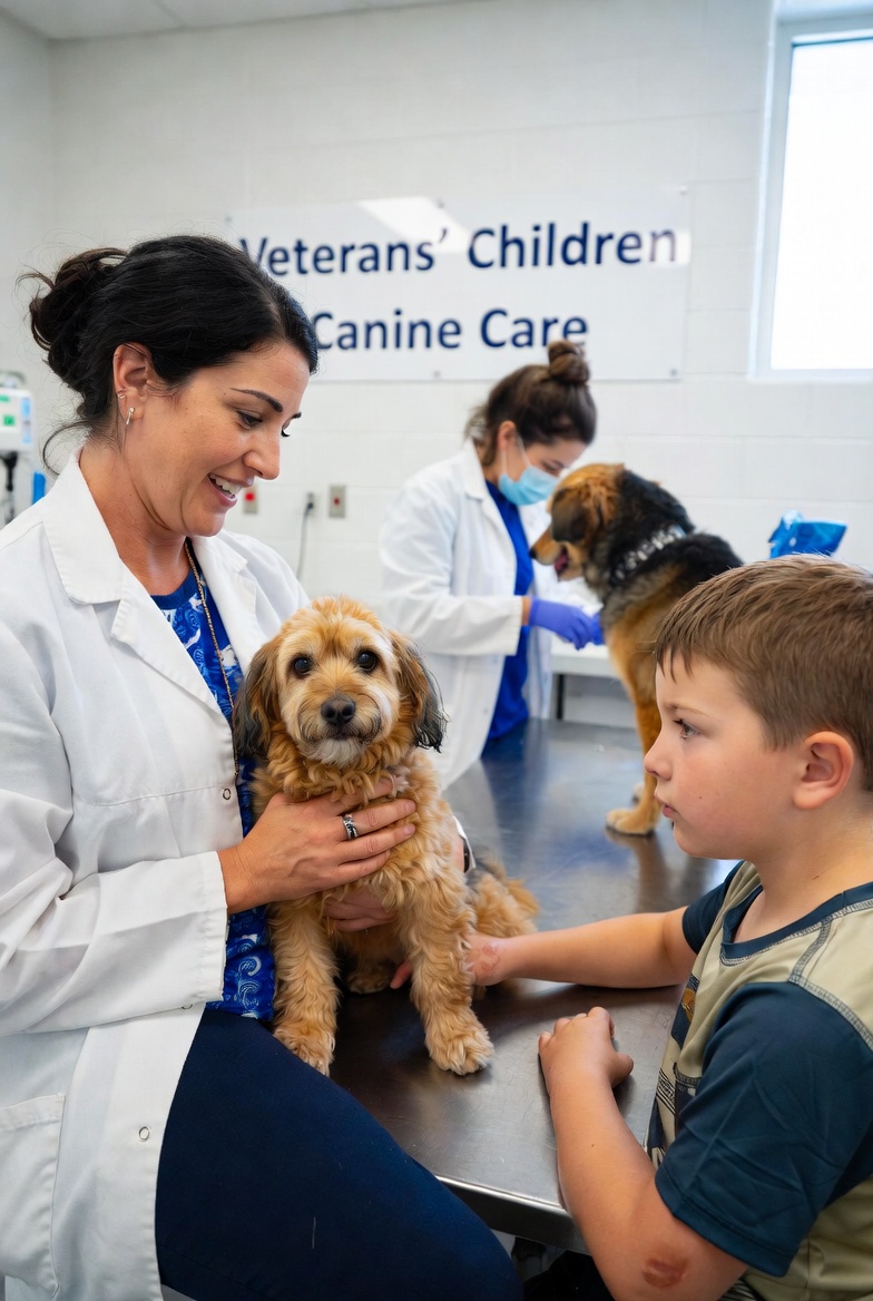 A photograph of a veterinary clinic caring for dogs of veterans' children with cancer, showing compassion and support.